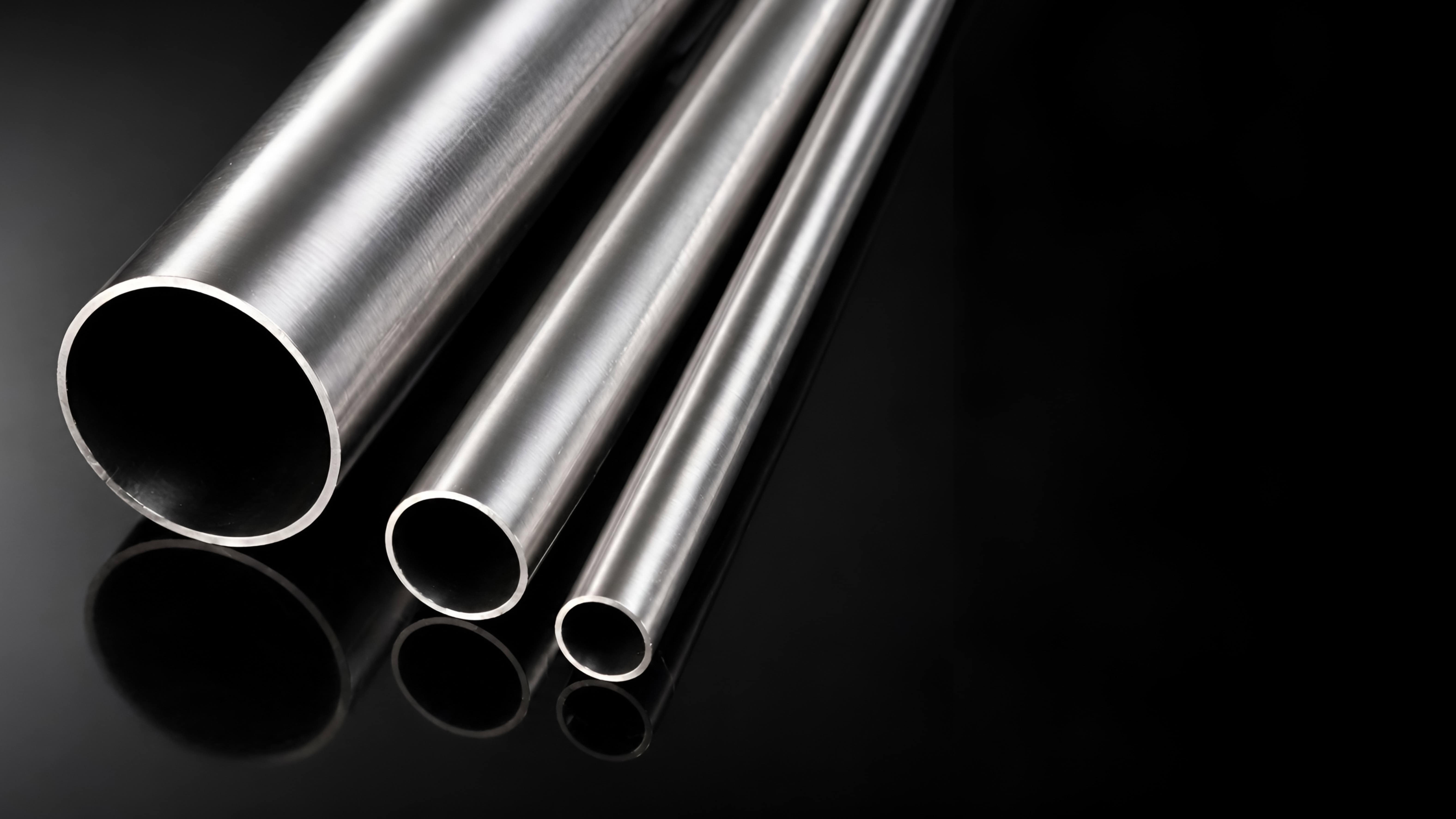 Stainless Steel Finished Pipes on Black Background